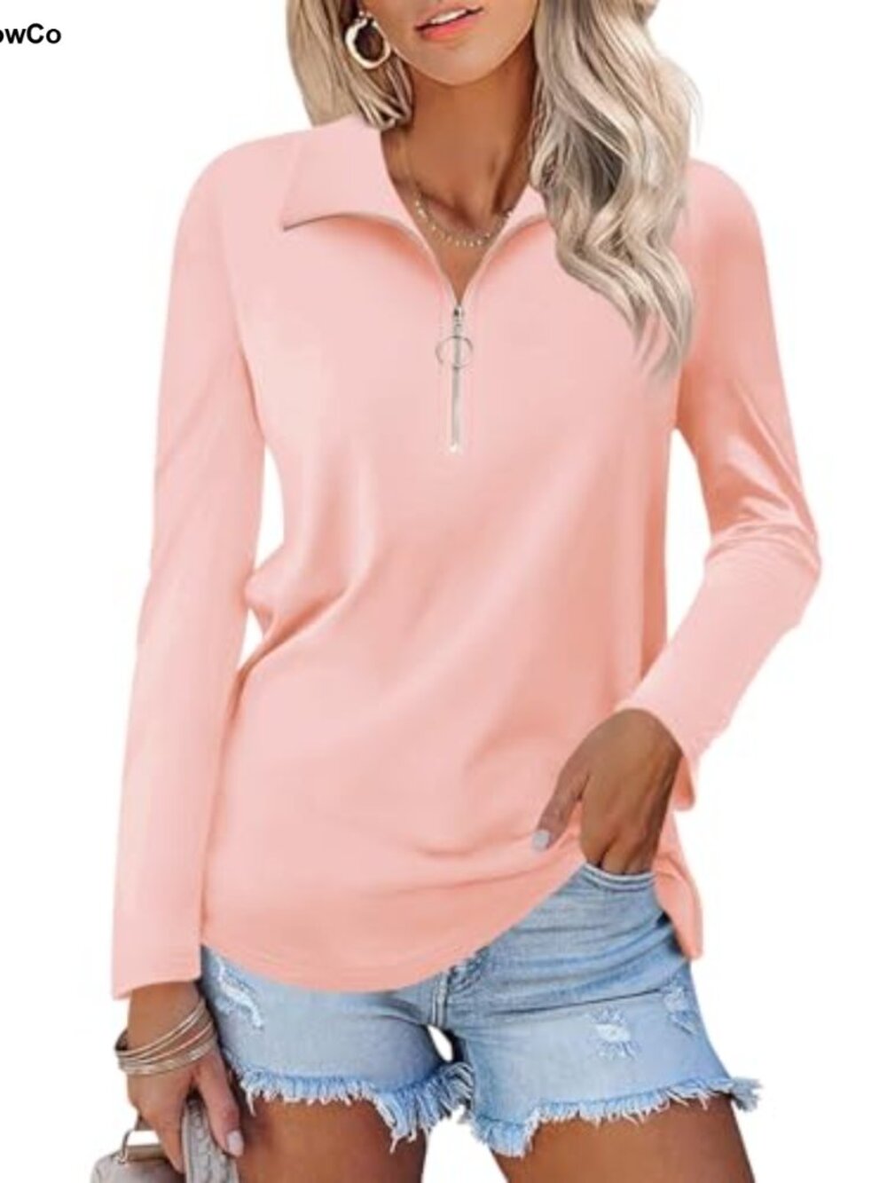 Minetom Women's Long Sleeve 1/4 Zip Pullover V-Neck Collared Top